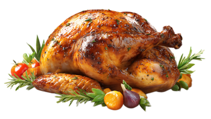 A perfectly roasted turkey with herbs and vegetables on a black background ready to be served