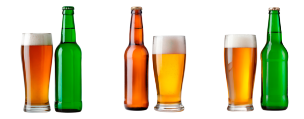 Refreshing beer bottles and glasses collection for beverage branding or bar on transparent background