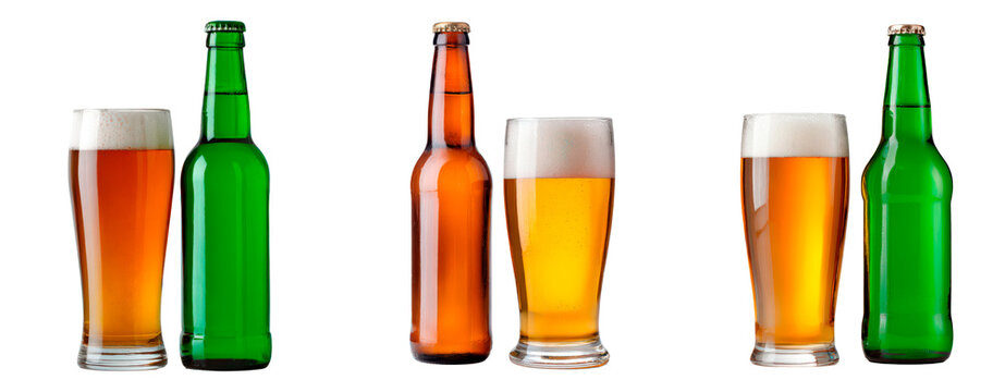 Refreshing beer bottles and glasses collection for beverage branding or bar on transparent background