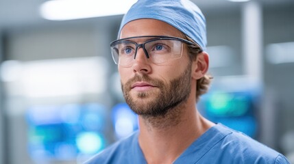 A focused male surgeon wearing scrubs and glasses in a modern hospital environment. The image conveys professionalism and dedication to healthcare.