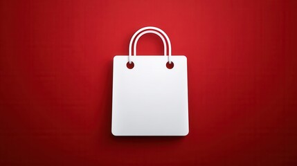 A simple white shopping bag with handles against a vibrant red backdrop, ideal for retail and marketing themes.