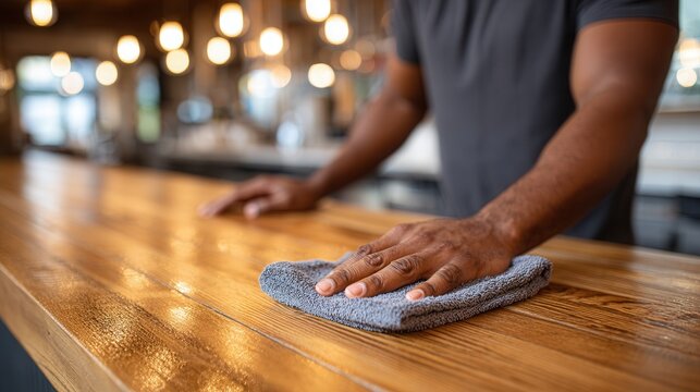 A man wipes down a wooden countertop in a stylish cafe, showcasing cleanliness and attention to detail in a warm, inviting atmosphere.