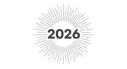 Year 2026 displayed prominently in bold dark gray numbers with a radiating sunburst or starburst pattern on a clean white background