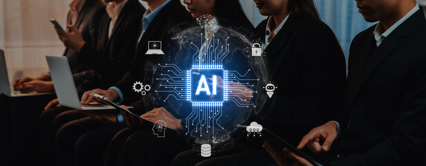 A diverse group of professionals engages in a business meeting centered around artificial intelligence, surrounded by digital innovations and advanced technology in a modern office setting. Trope
