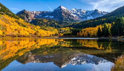 Stunning landscape shows a lake mirroring snow-capped mountains, framed by vibrant autumn foliage and evergreen trees
