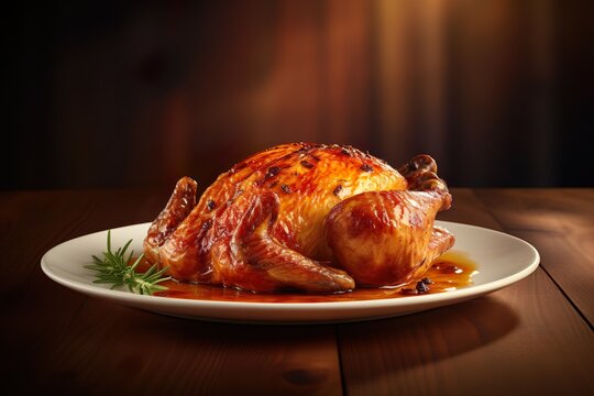  side View of fride chicken on a plate on Wooden Table