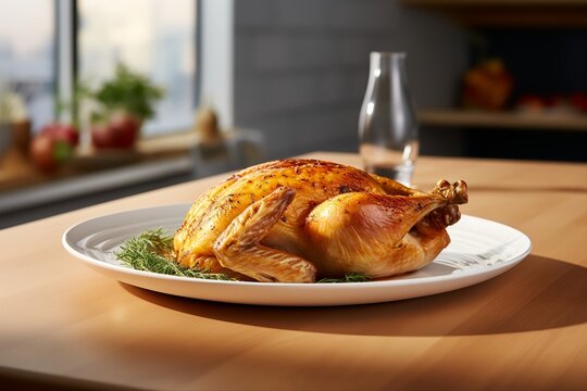  side View of fride chicken on a plate on Wooden Table