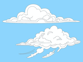 A fun and stylized illustration of fluffy cartoon clouds against a bright blue sky, perfect for children's designs, playful themes, and any cheerful visual communication.