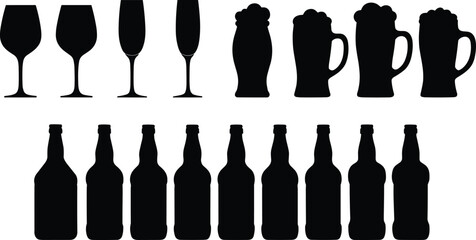 Drinkware and bottle silhouette vector illustration set, wine beer cocktail mugs icons, beverage container artwork, modern minimal style, stock art collection