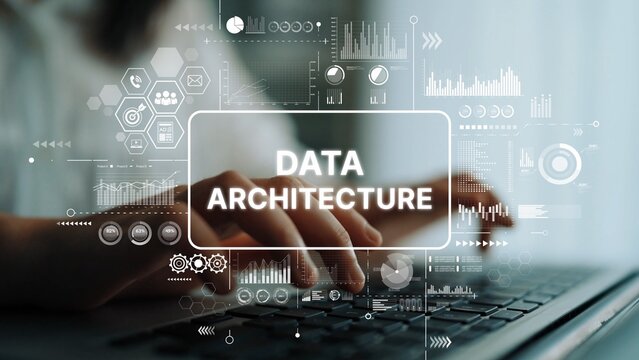 Hands Typing on Laptop Keyboard with Data Architecture Graphics and Charts on Screen in Modern Office Setting. Asymptotic smart data analytic.