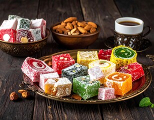 Colorful assortment of Turkish delight, nuts, and coffee on a rustic, dark wooden surface