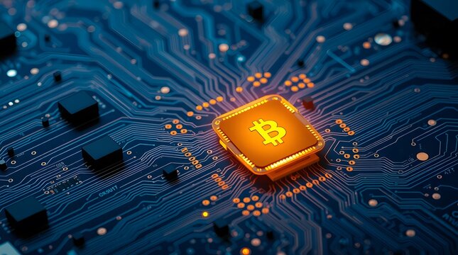 A glowing bitcoin symbol on a microchip represents the digital currency and its underlying technology, highlighting the decentralized and secure nature of cryptocurrency transactions