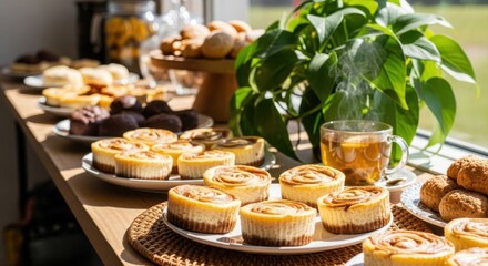 A delightful spread of assorted baked goods, including mini cheesecakes and cinnamon rolls, arranged on a wooden table near a window, with a glass of tea.