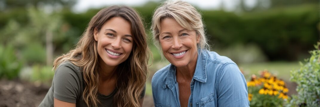 Two women enjoying time together in a vibrant garden, showcasing friendship and happiness in a natural outdoor environment.
