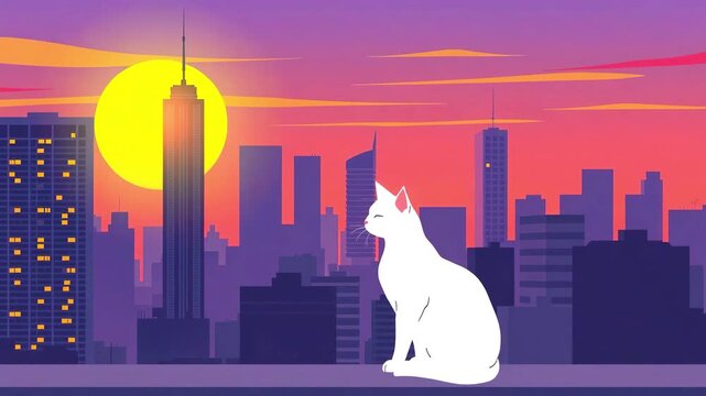 A white cat sits on a roof on cityscape background. A bright sunset illuminates skyscrapers and buildings. Cityscape, cartoon illustration style