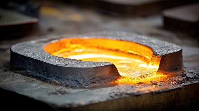 Molten metal pouring into a cast, glowing orange and yellow heat, industrial process, foundry environment, craftsmanship detail in focus