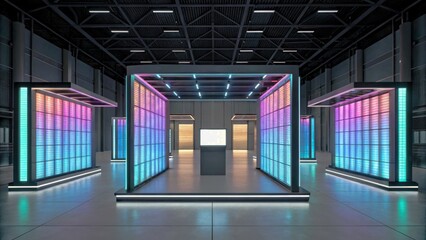Futuristic data center with illuminated storage units and modern design.
