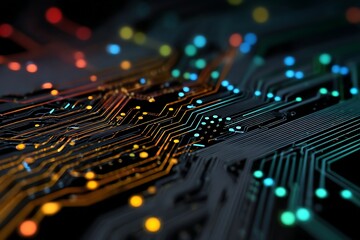 Intricate motherboard design with vibrant circuit paths and glowing nodes conveys cutting edge technology and connectivity for modern business solutions