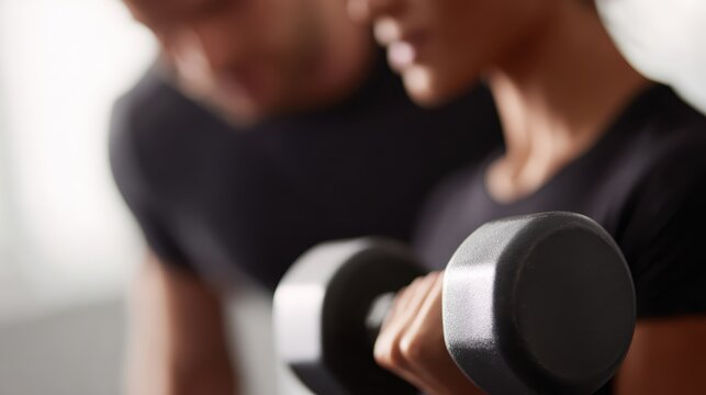 fitness trainer helping client lift dumbbells, gym environment, focus and motivation - Powered by Adobe