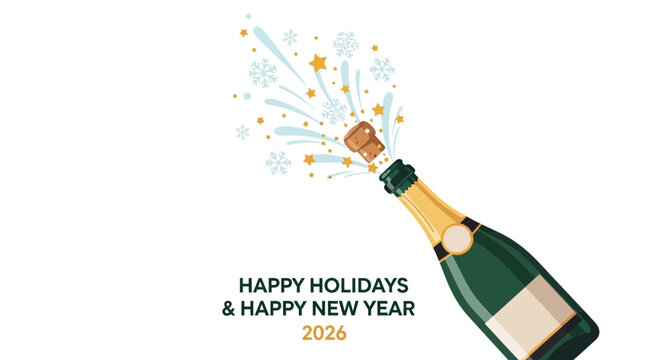 Champagne bottle popping cork with snowflakes and stars celebrating happy holidays and happy new year 2026 - Powered by Adobe