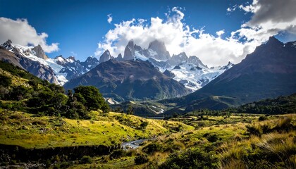 Stunning landscape with snow-capped peaks rising above green valley. A small stream flows through the verdant landscape, against a blue sky