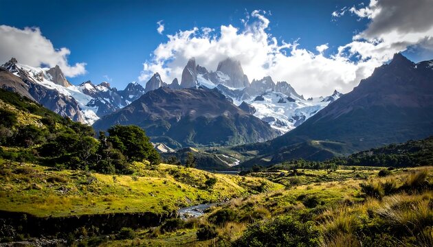 Stunning landscape with snow-capped peaks rising above green valley. A small stream flows through the verdant landscape, against a blue sky - Powered by Adobe