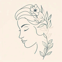 Elegant woman with floral hair and serene expression line art.