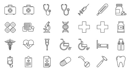 Collection of simple, isolated line icons representing medical and healthcare concepts, perfect for graphic design, apps, and advertising. Editable stroke for versatility. Includes first aid kits