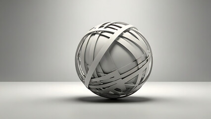 3D image Modern Spherical Sculpture with Interwoven Bands in Minimal Architectural Space Featuring Light, Shadow, and Geometry.