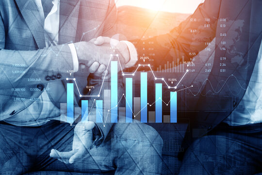 A close-up view of two business professionals shaking hands, with digital graphs and financial data overlay, symbolizing partnership and business success. Scalp - Powered by Adobe