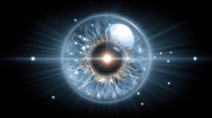 Obraz premium Abstract representation of cosmic eye with energy rays and glowing particles in a dark background