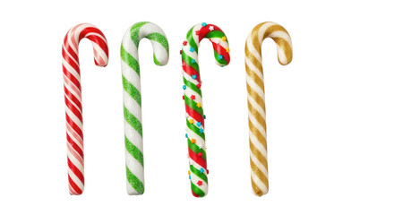 Assortment of four colorful candy canes with glitter accents isolated on transparent background