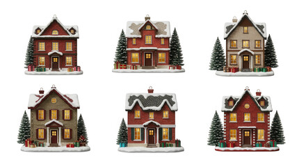 Collection of six festive miniature houses with snow and trees, isolated on transparent background