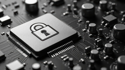 Secure lock symbol on circuit board, representing technology and cybersecurity. image conveys sense of protection and digital safety