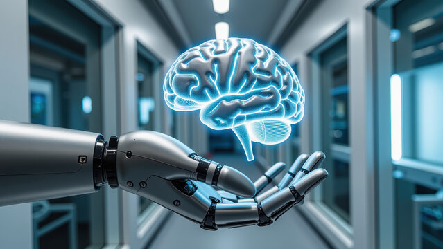 Robotic hand holds glowing brain, symbolizing intersection of technology and intelligence in futuristic corridor