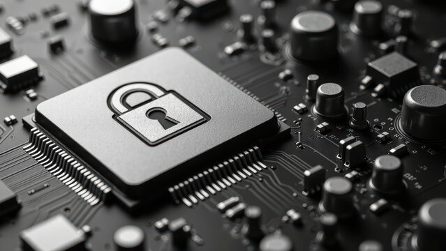 Secure lock symbol on circuit board, representing technology and cybersecurity. image conveys sense of protection and digital safety