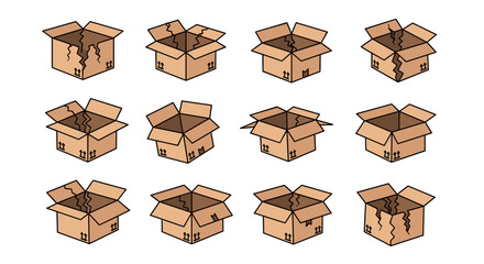 Set of twelve cartoon illustrations of open cardboard boxes, some with cracks and shipping symbols, presented in a clean, ordered grid on a white background, perfect for web, books, and apps