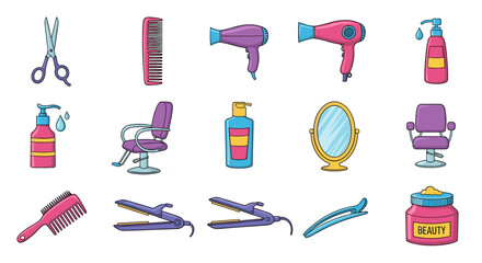 Vibrant Cartoon Vector Illustration of a Beauty Salon and Hairdresser Essentials Set on a White Background, Featuring Scissors, Combs, Hair Dryers, Styling Chairs, Mirrors, and Beauty Products
