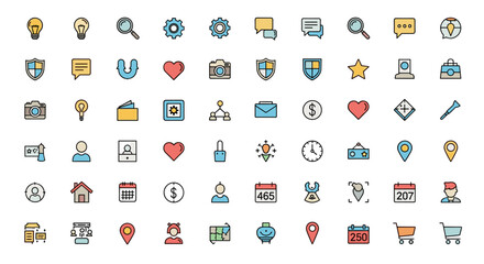 Diverse Collection of Minimalistic Flat Icons with Filled Color Accents, Featuring Essential Symbols for Web Design, App Development, Social Media, and Business Presentations, Including Technology