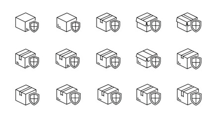Set of minimalistic outline icons featuring a cardboard box with a shield, symbolizing security, protection, and safe delivery. Ideal for web design, app interfaces, banners, social media, and
