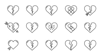 Collection of broken heart outline icons, symbolizing heartbreak, sadness, and emotional pain, with variations including band-aids for healing and arrows indicating Cupid's impact, perfect for