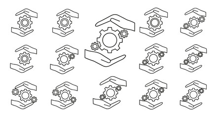 Set of line icons depicting gears held between two hands, symbolizing protection, support, and industry. This collection features variations with single and multiple gears, presented on a clean white
