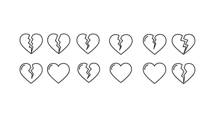 Set of minimalistic thin outline broken heart icons for web and graphic design, apps, banners, social networks, and cards. Vector cartoon illustration representing heartbreak, sadness, and