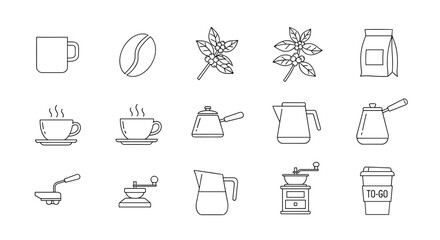 A comprehensive line icon pack showcasing various coffee-related elements, including coffee beans, steaming mugs, coffee plants, brewing equipment like kettles and grinders, and a to-go cup, all