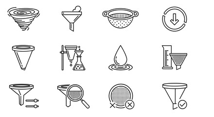 Collection of Filter-Related Line Icons: Vortex, Funnel Outline Signs for Graphic and Web Design, Apps, Adverts, Various Cards, Vector Cartoon Illustration, Science, Technology, and Data Processing