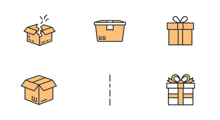 Set of six flat design icons representing various boxes and gift boxes, including a broken cardboard box, a sealed shipping container, an open parcel, a simple gift box with a ribbon, a more detailed