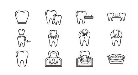 Dental Crown Line Icon Set: A comprehensive collection of outline signs for graphic and web design, apps, adverts, and various cards, featuring vector cartoon illustrations of dental procedures and