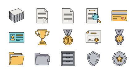 A vibrant and diverse collection of business and document-related icons, featuring stacks of paper, official documents, identification cards, trophies, medals, certificates, folders, wallets, filing