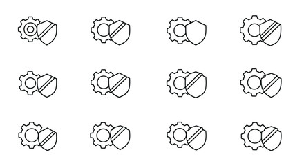 Set of twelve minimalistic thin line icons representing a gear symbol overlapping a shield emblem, symbolizing security, protection, and mechanical operations. Ideal for web design, app interfaces