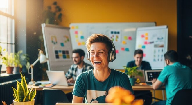 A cheerful young woman wearing headphones is working on a laptop in a vibrant office. Colleagues are collaborating in the background, creating a productive atmosphere. - Powered by Adobe